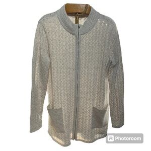 SOFT SURROUNDINGS ~ Cream Pointelle Knit Zip Up Sweater Cotton Wool Blend